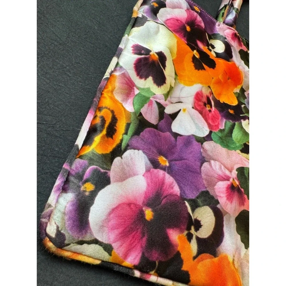 Maria Turgeon Floral Pansy Print Satin Tote Bag Multicolor Handbag Vintage Style